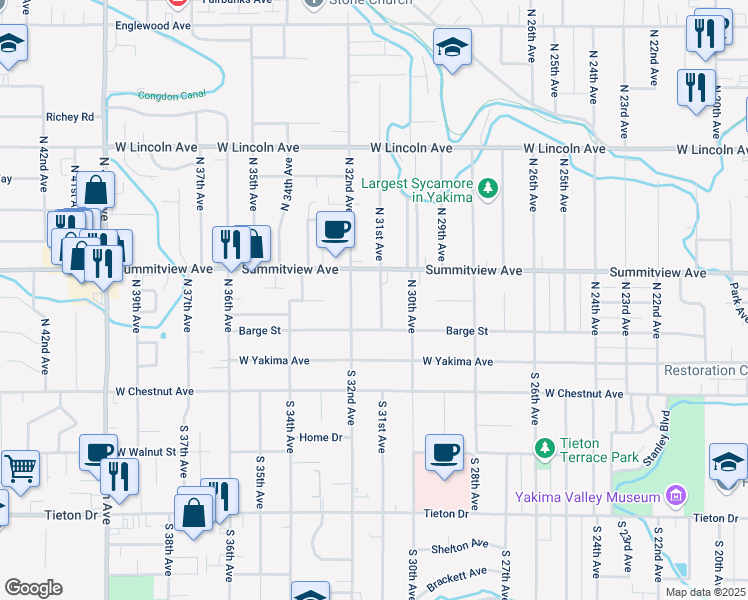 map of restaurants, bars, coffee shops, grocery stores, and more near 114 North 31st Avenue in Yakima