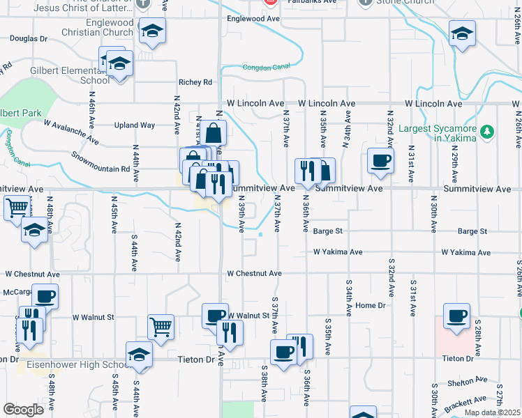 map of restaurants, bars, coffee shops, grocery stores, and more near 25 W Kenny Dr in Yakima
