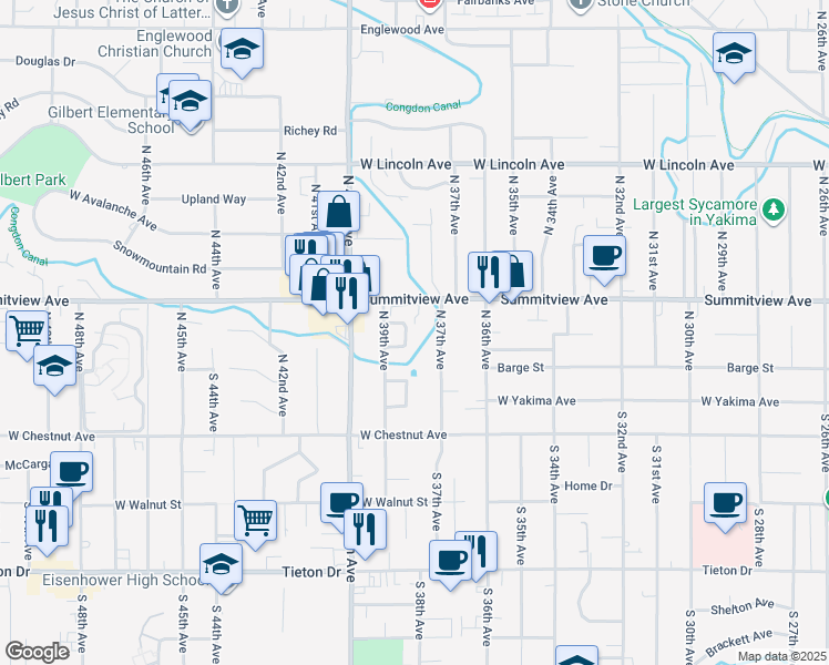 map of restaurants, bars, coffee shops, grocery stores, and more near 25 Kenny Drive in Yakima