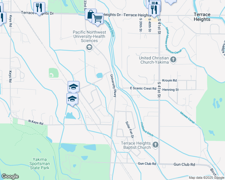 map of restaurants, bars, coffee shops, grocery stores, and more near 500 University Parkway in Yakima