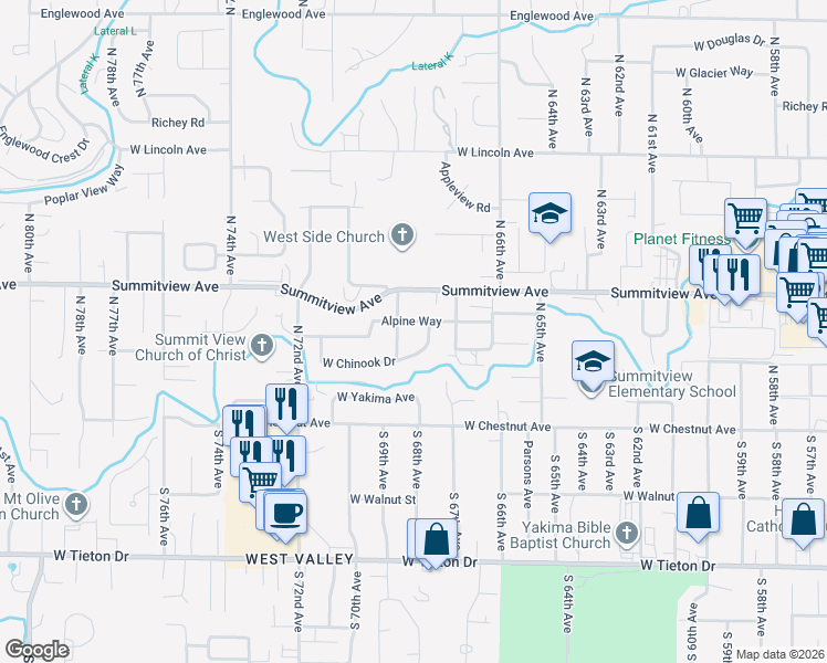 map of restaurants, bars, coffee shops, grocery stores, and more near 6804 Alpine Way in Yakima