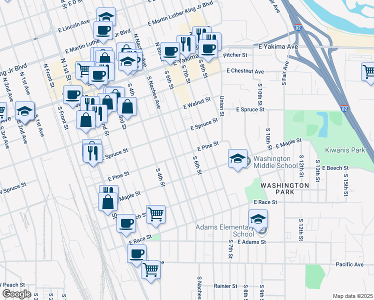 map of restaurants, bars, coffee shops, grocery stores, and more near 316 S 6th St in Yakima