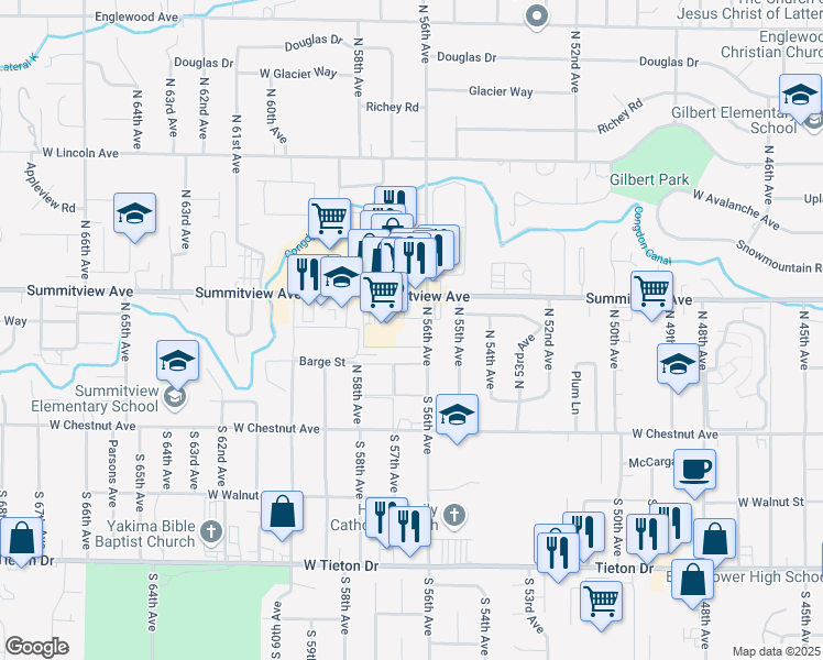 map of restaurants, bars, coffee shops, grocery stores, and more near 5606 Summitview Avenue in Yakima