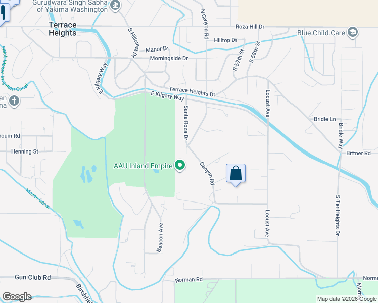 map of restaurants, bars, coffee shops, grocery stores, and more near 502 Canyon Rd in Yakima