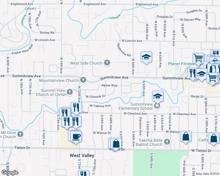 map of restaurants, bars, coffee shops, grocery stores, and more near 6804 Alpine Way in Yakima