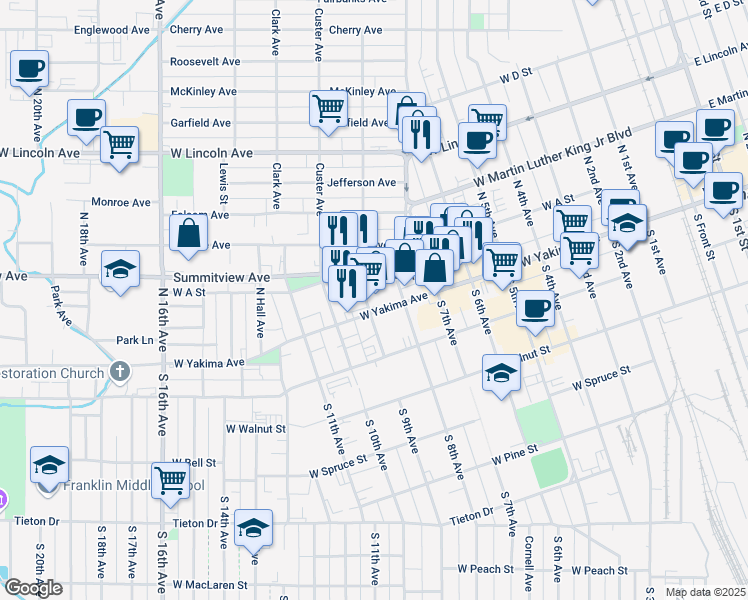 map of restaurants, bars, coffee shops, grocery stores, and more near 910 Summitview Avenue in Yakima