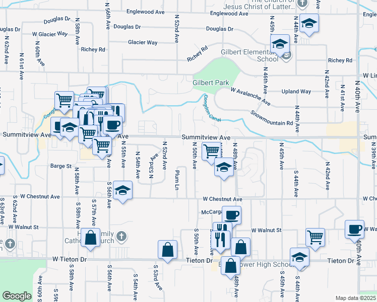 map of restaurants, bars, coffee shops, grocery stores, and more near 120 North 50th Avenue in Yakima