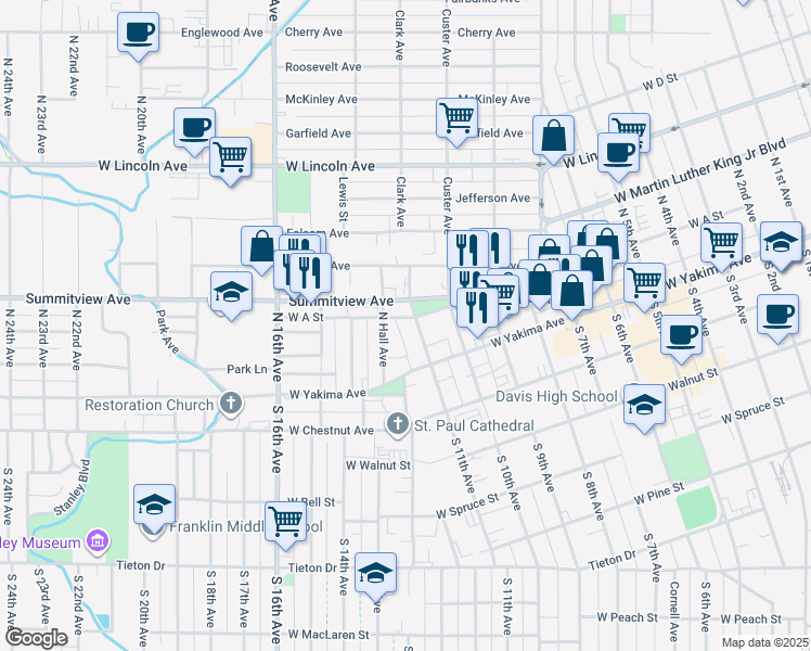 map of restaurants, bars, coffee shops, grocery stores, and more near 14 North 11th Avenue in Yakima