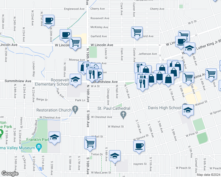 map of restaurants, bars, coffee shops, grocery stores, and more near 20 Hall Avenue in Yakima