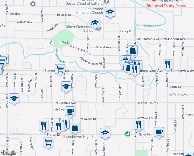 map of restaurants, bars, coffee shops, grocery stores, and more near 110-112 North 45th Avenue in Yakima