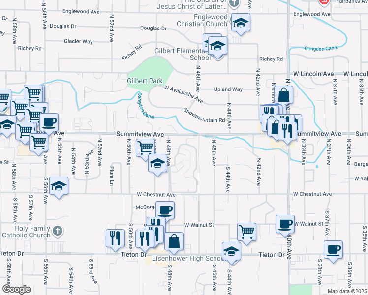 map of restaurants, bars, coffee shops, grocery stores, and more near 101 North 48th Avenue in Yakima
