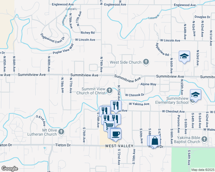 map of restaurants, bars, coffee shops, grocery stores, and more near 115 Alpine Way in Yakima
