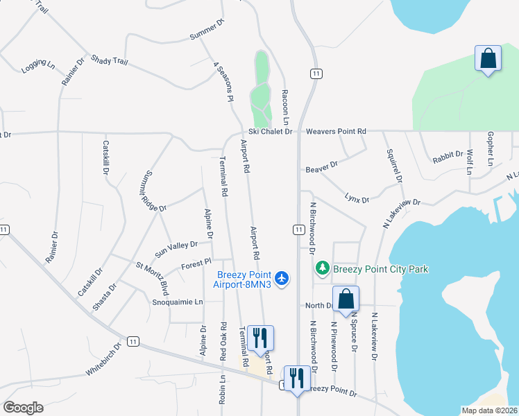 map of restaurants, bars, coffee shops, grocery stores, and more near 30754 Airport Road in Breezy Point