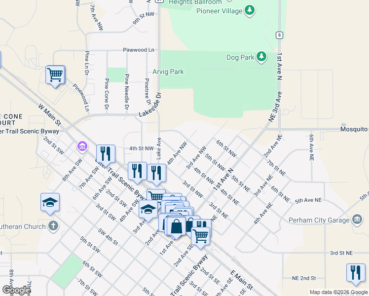 map of restaurants, bars, coffee shops, grocery stores, and more near 430 4th Avenue Northwest in Perham