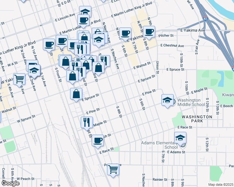 map of restaurants, bars, coffee shops, grocery stores, and more near 305 South 4th Street in Yakima