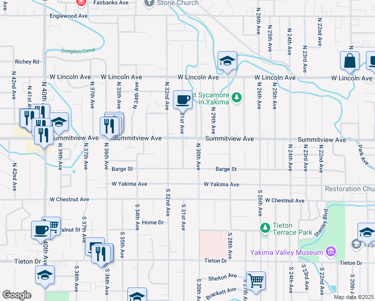 map of restaurants, bars, coffee shops, grocery stores, and more near 114 N 31st Ave in Yakima