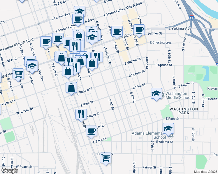 map of restaurants, bars, coffee shops, grocery stores, and more near 302 South 4th Street in Yakima
