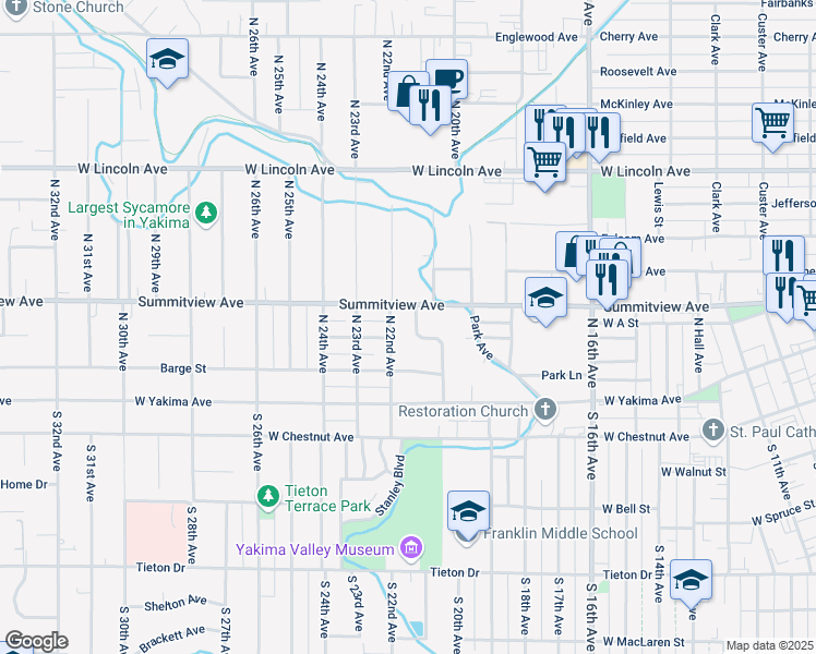 map of restaurants, bars, coffee shops, grocery stores, and more near 110-114 West Gilbert Drive in Yakima