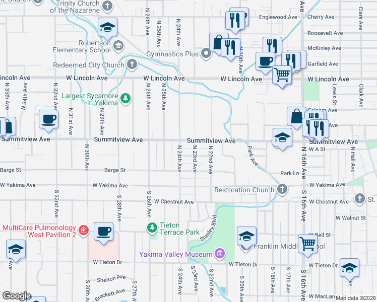 map of restaurants, bars, coffee shops, grocery stores, and more near 2303 Eleanor Street in Yakima
