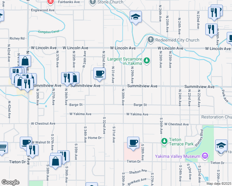 map of restaurants, bars, coffee shops, grocery stores, and more near 114 N 31st Ave in Yakima