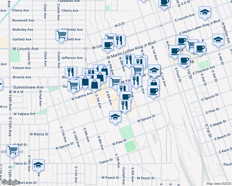 map of restaurants, bars, coffee shops, grocery stores, and more near 14 South 5th Avenue in Yakima