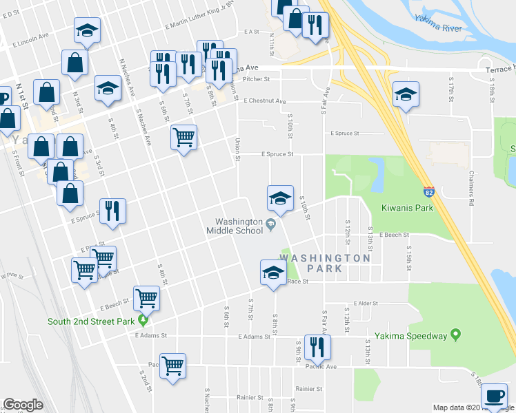 map of restaurants, bars, coffee shops, grocery stores, and more near 407 South 8th Street in Yakima