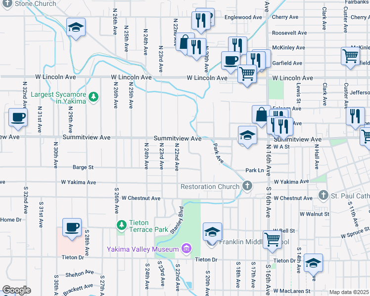 map of restaurants, bars, coffee shops, grocery stores, and more near 110-114 West Gilbert Drive in Yakima