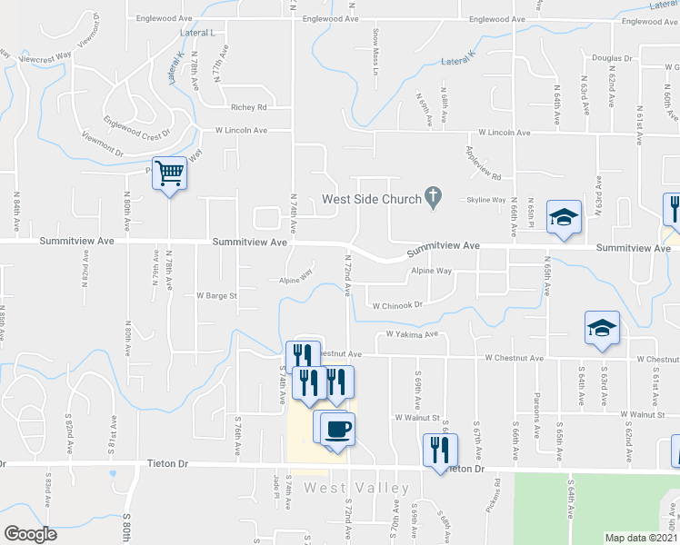 map of restaurants, bars, coffee shops, grocery stores, and more near 104 N 72nd Ave in Yakima