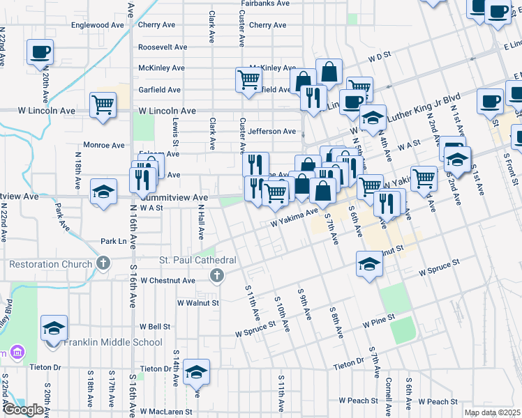 map of restaurants, bars, coffee shops, grocery stores, and more near in Yakima