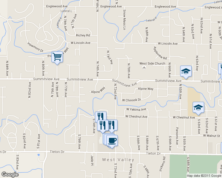map of restaurants, bars, coffee shops, grocery stores, and more near 104 North 72nd Avenue in Yakima
