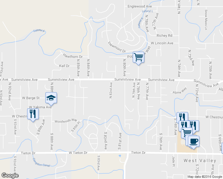 map of restaurants, bars, coffee shops, grocery stores, and more near 4413 Alpine Way in Yakima
