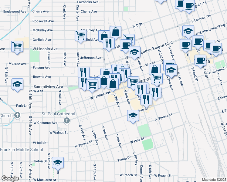 map of restaurants, bars, coffee shops, grocery stores, and more near 2 South 7th Avenue in Yakima