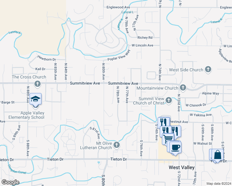 map of restaurants, bars, coffee shops, grocery stores, and more near 110 North 78th Avenue in Yakima