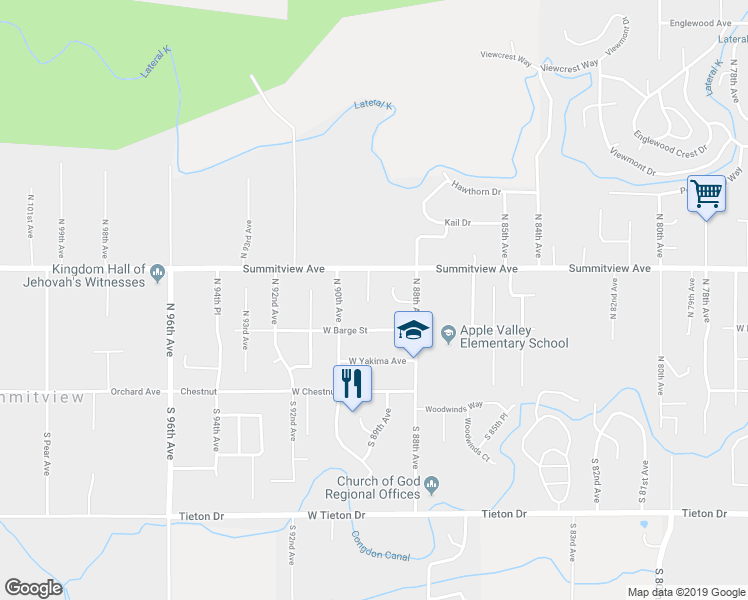 map of restaurants, bars, coffee shops, grocery stores, and more near 105 North 89th Avenue in Yakima