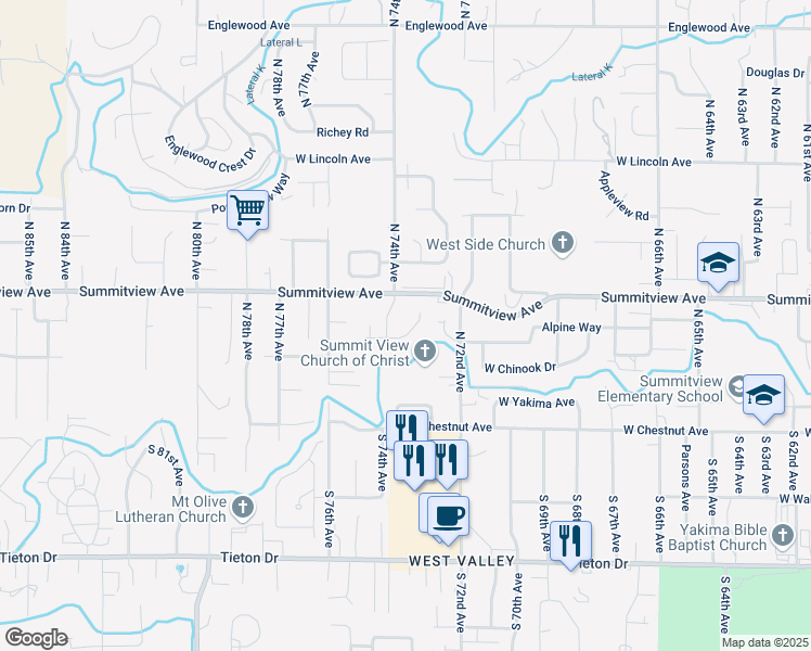map of restaurants, bars, coffee shops, grocery stores, and more near 115 Alpine Way in Yakima