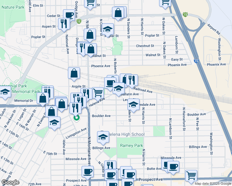 map of restaurants, bars, coffee shops, grocery stores, and more near 1374 Helena Avenue in Helena