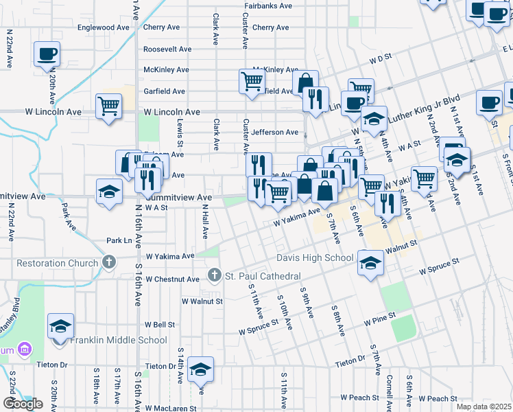 map of restaurants, bars, coffee shops, grocery stores, and more near 910 Summitview Avenue in Yakima