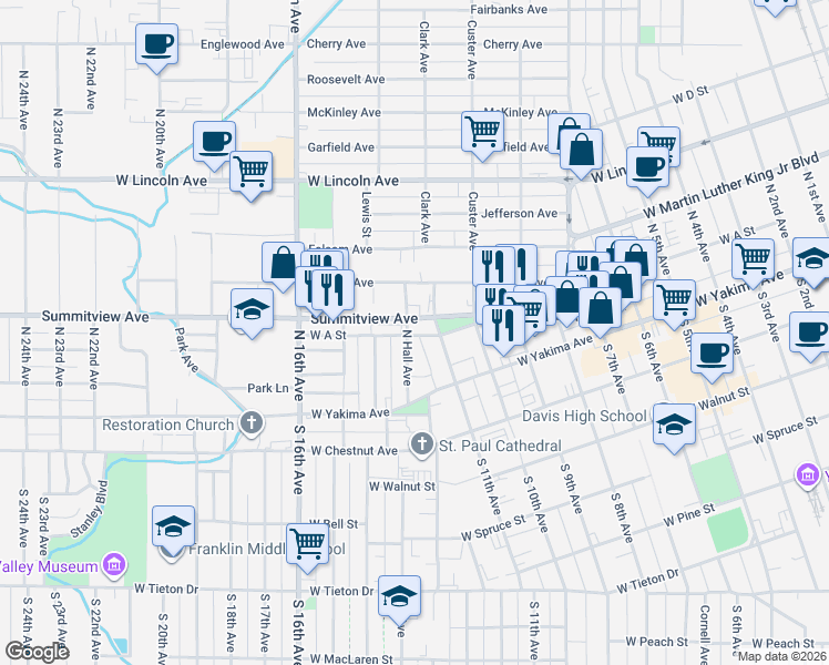 map of restaurants, bars, coffee shops, grocery stores, and more near 20 Hall Avenue in Yakima
