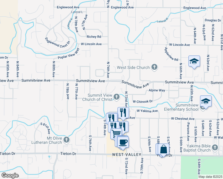 map of restaurants, bars, coffee shops, grocery stores, and more near 115 Alpine Way in Yakima