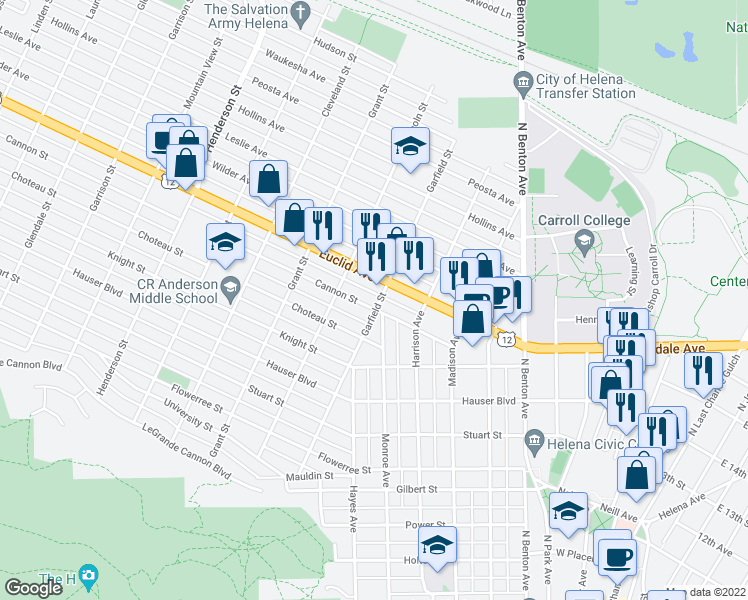 map of restaurants, bars, coffee shops, grocery stores, and more near 1200 Garfield Street in Helena