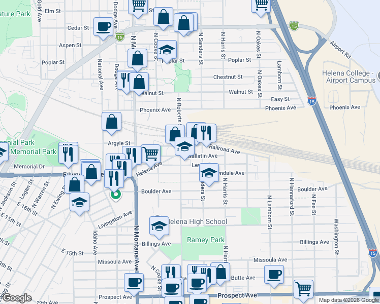map of restaurants, bars, coffee shops, grocery stores, and more near 1413 Helena Avenue in Helena