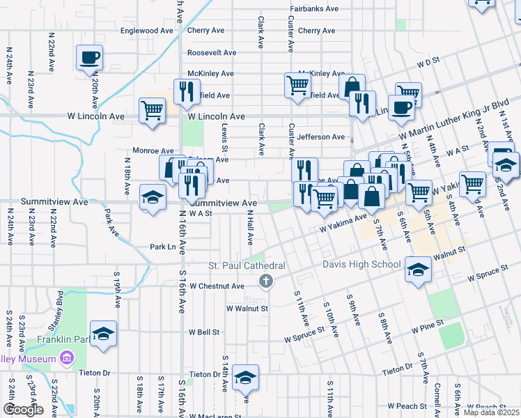 map of restaurants, bars, coffee shops, grocery stores, and more near 1105 West A Street in Yakima