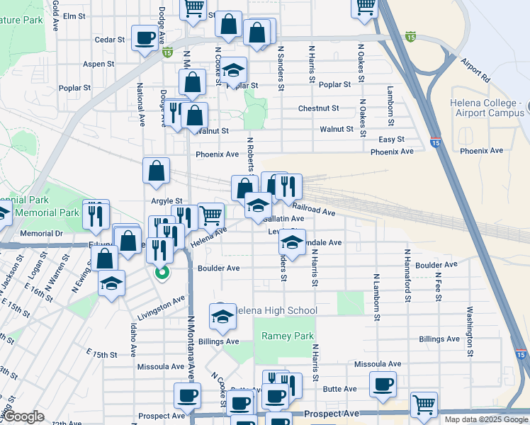 map of restaurants, bars, coffee shops, grocery stores, and more near 1413 Helena Avenue in Helena