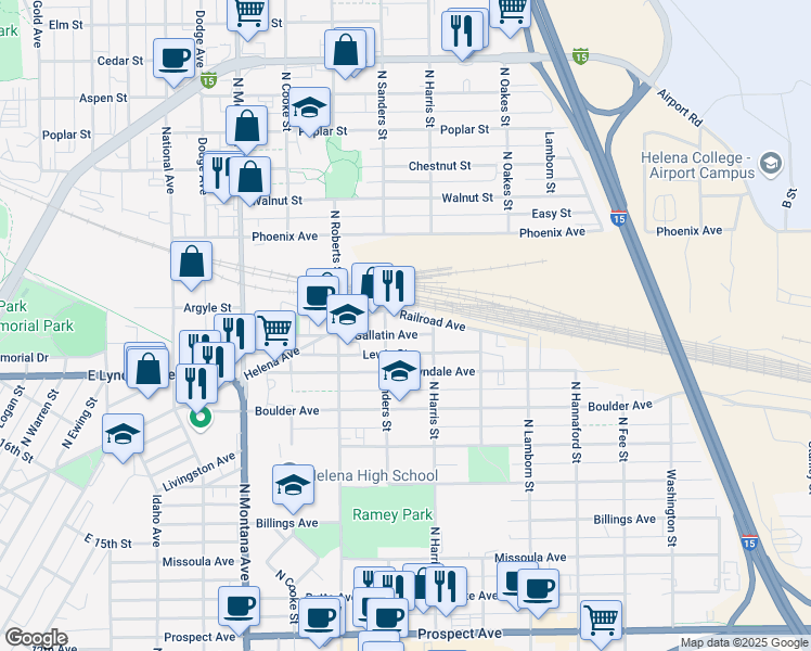 map of restaurants, bars, coffee shops, grocery stores, and more near 1517 Gallatin Avenue in Helena