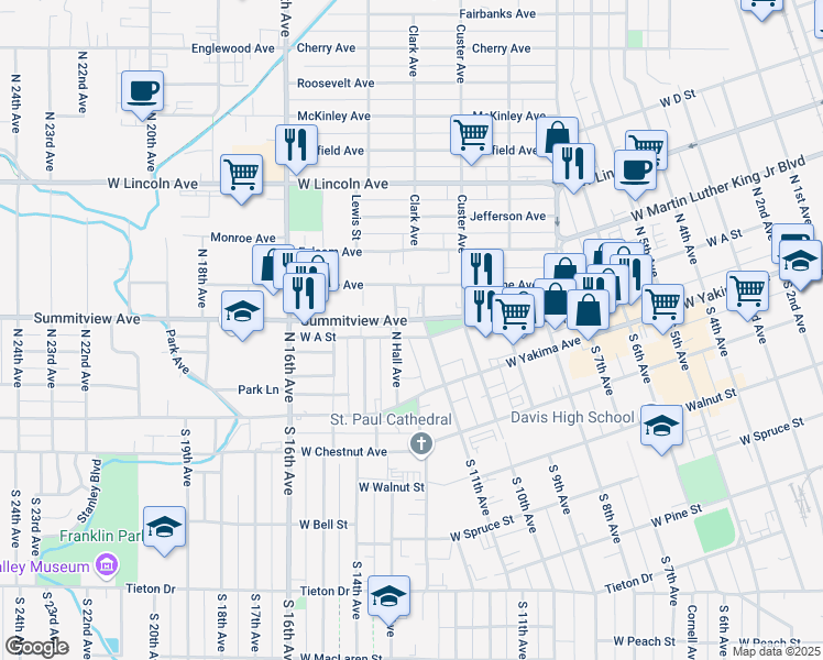 map of restaurants, bars, coffee shops, grocery stores, and more near 14 North 11th Avenue in Yakima