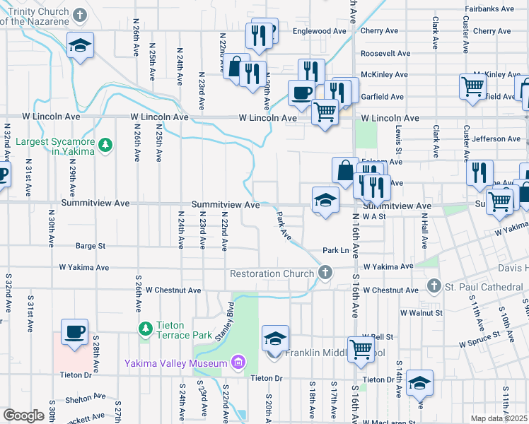 map of restaurants, bars, coffee shops, grocery stores, and more near 114-116 Park Avenue in Yakima