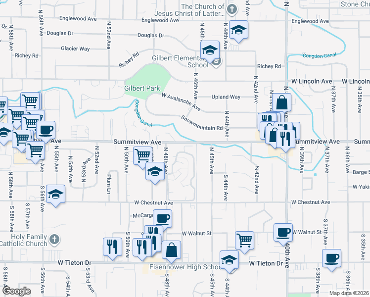 map of restaurants, bars, coffee shops, grocery stores, and more near 101 North 48th Avenue in Yakima