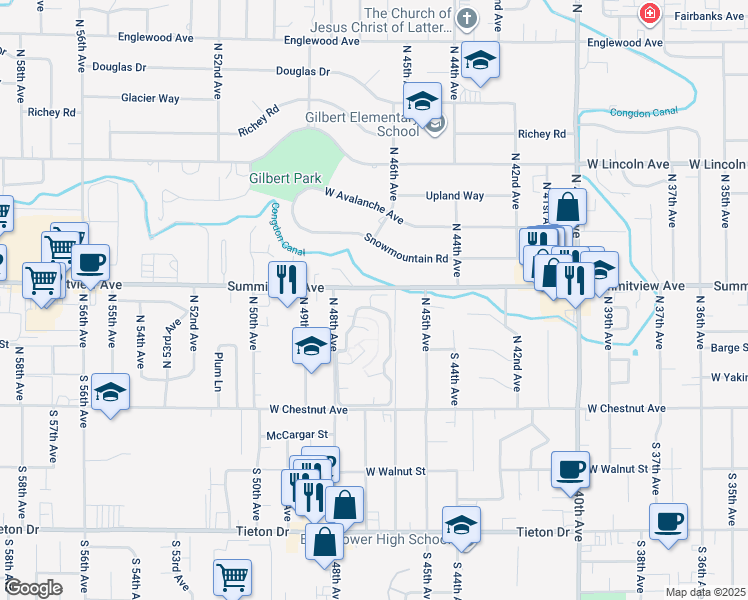 map of restaurants, bars, coffee shops, grocery stores, and more near 101 North 48th Avenue in Yakima