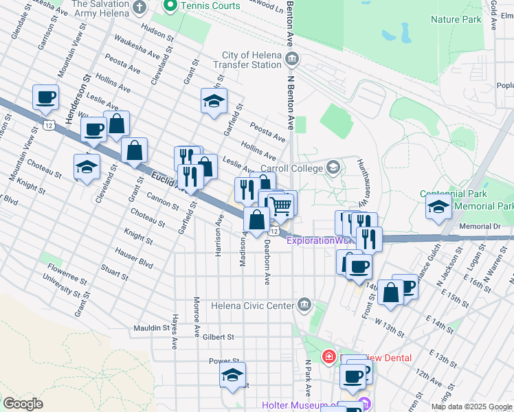 map of restaurants, bars, coffee shops, grocery stores, and more near 501-599 Euclid Ave in Helena