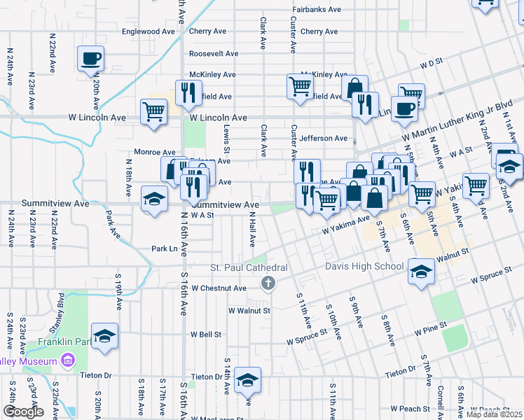 map of restaurants, bars, coffee shops, grocery stores, and more near 1105 West A Street in Yakima
